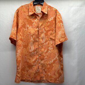 Tasso Elba Island Mens Orange Paisley Button-Down Shirt 75% Silk 25% Linen Short